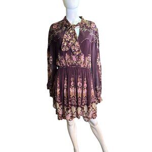 Farm Rio Bella Burgundy Knotted Neckline Mini Dress XL Floral Long Sleeve NWT